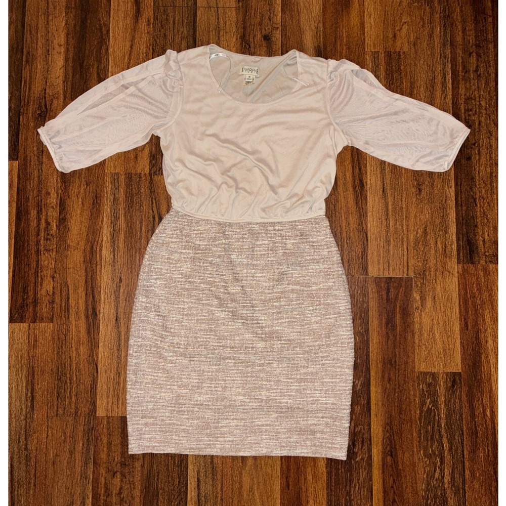 Enfocus Studio Beige Tweed Sheath Dress Metallic Knit Split Sleeve Size 10